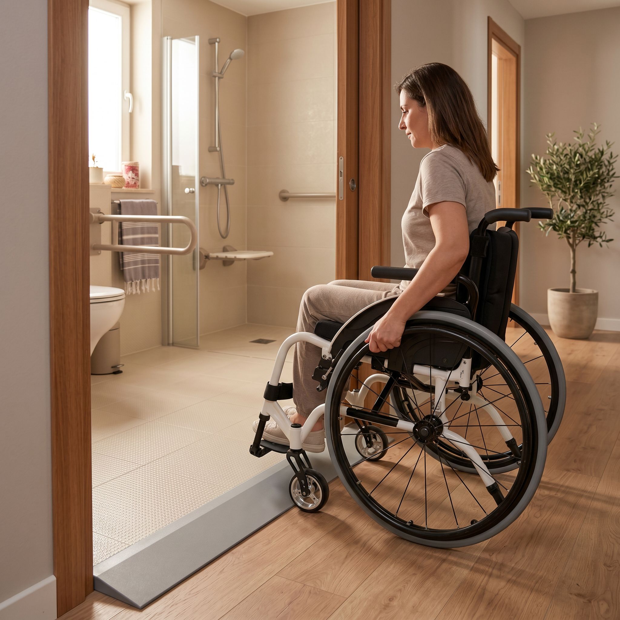Evde tekerlekli sandalye kullanımı için geniş kapı, alçak eşik ve tutamaklı banyo düzeni