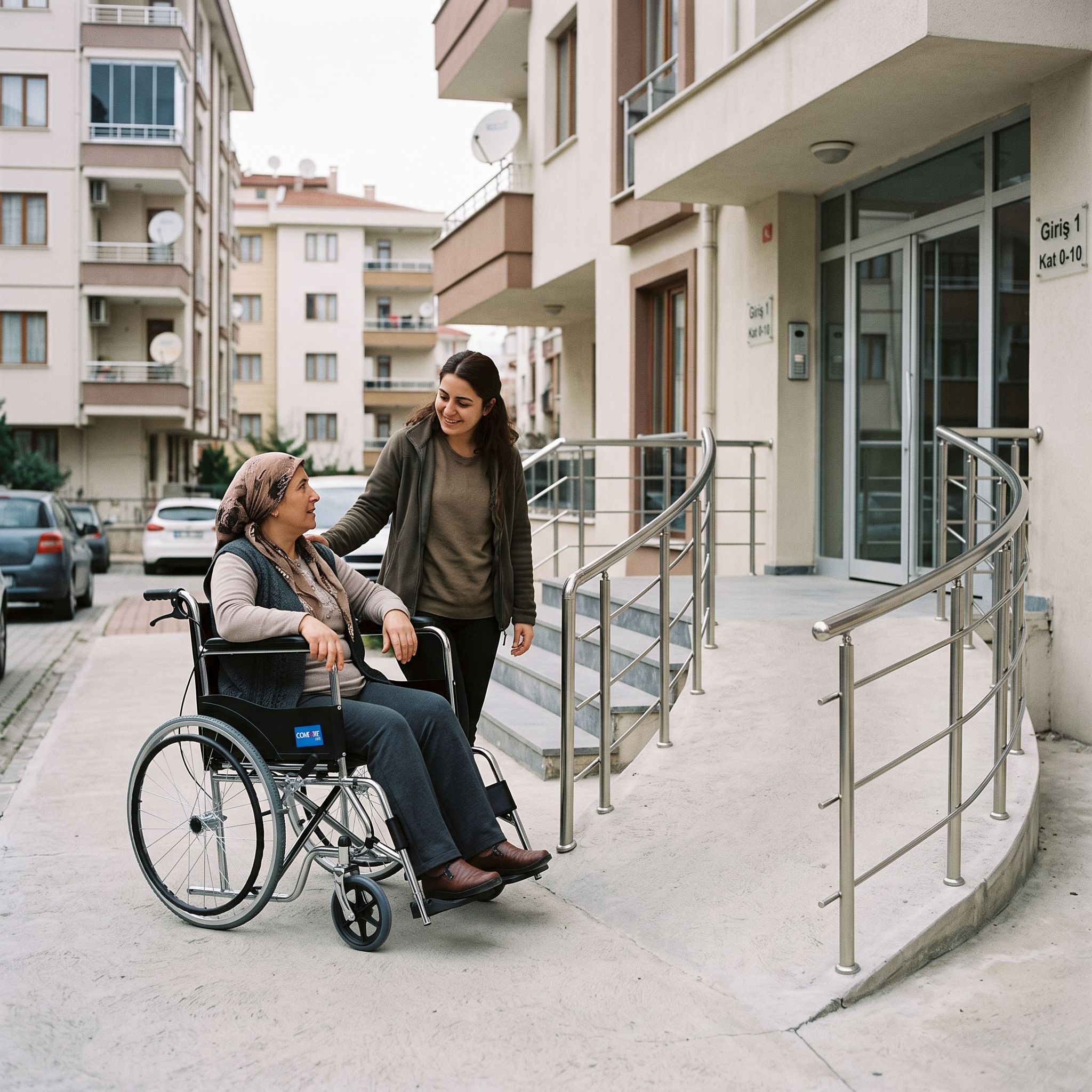 Apartman girişinde tekerlekli sandalye rampasını kullanan kişi