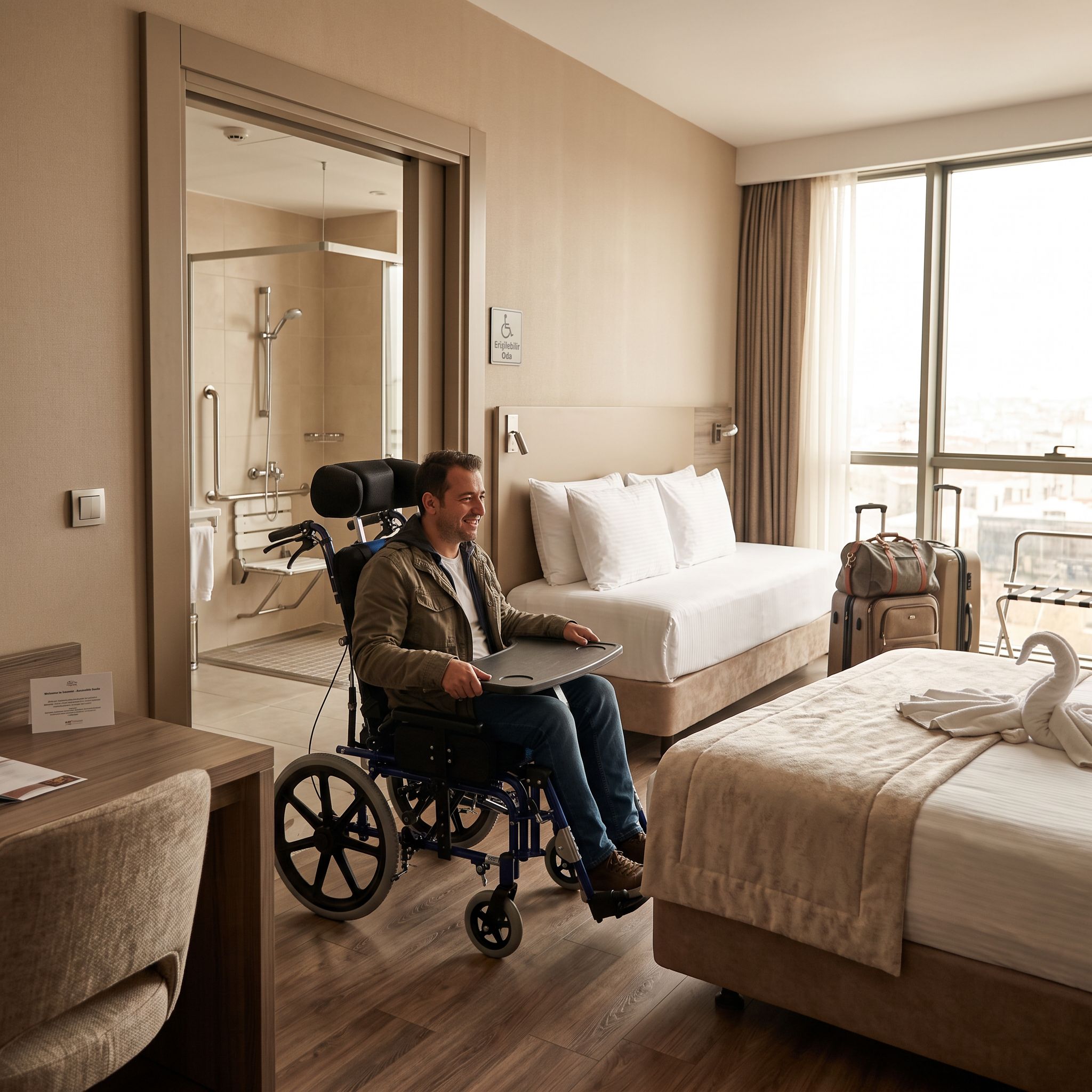 Tekerlekli sandalye kullanan bir kişinin erişilebilir otel odasında kapı, yatak ve banyo alanını kontrol etmesi