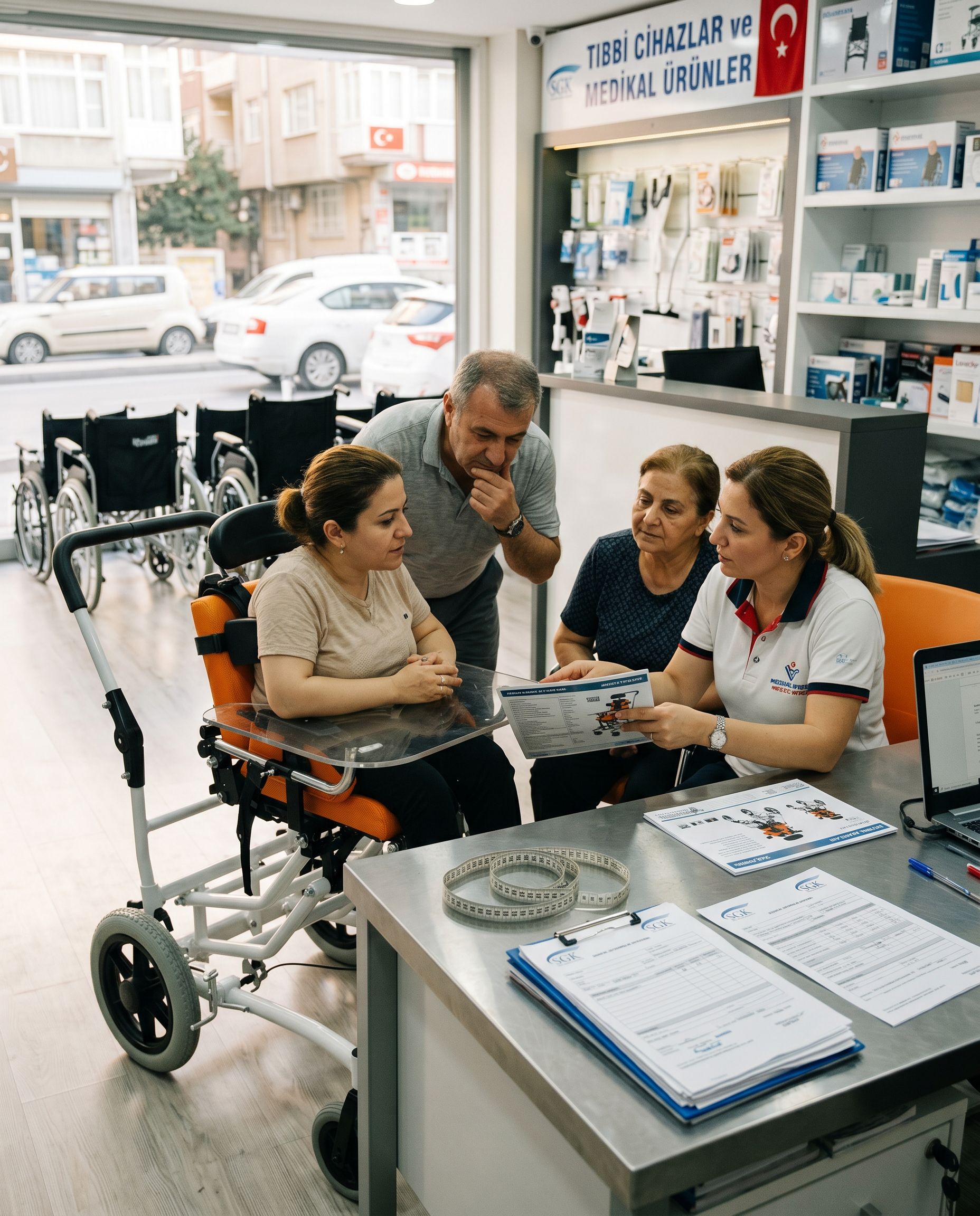 SGK anlaşmalı medikal mağazada tekerlekli sandalye seçimi yapan kullanıcı ve danışman