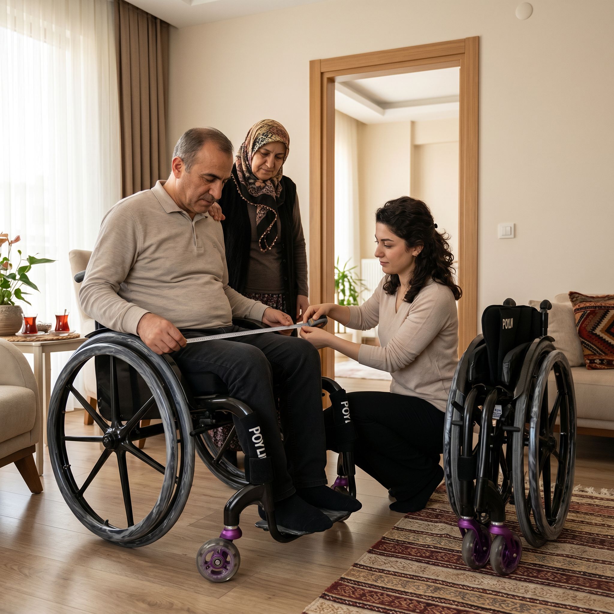 Evde tekerlekli sandalye ölçüsü alan ve seçim yapan kullanıcı