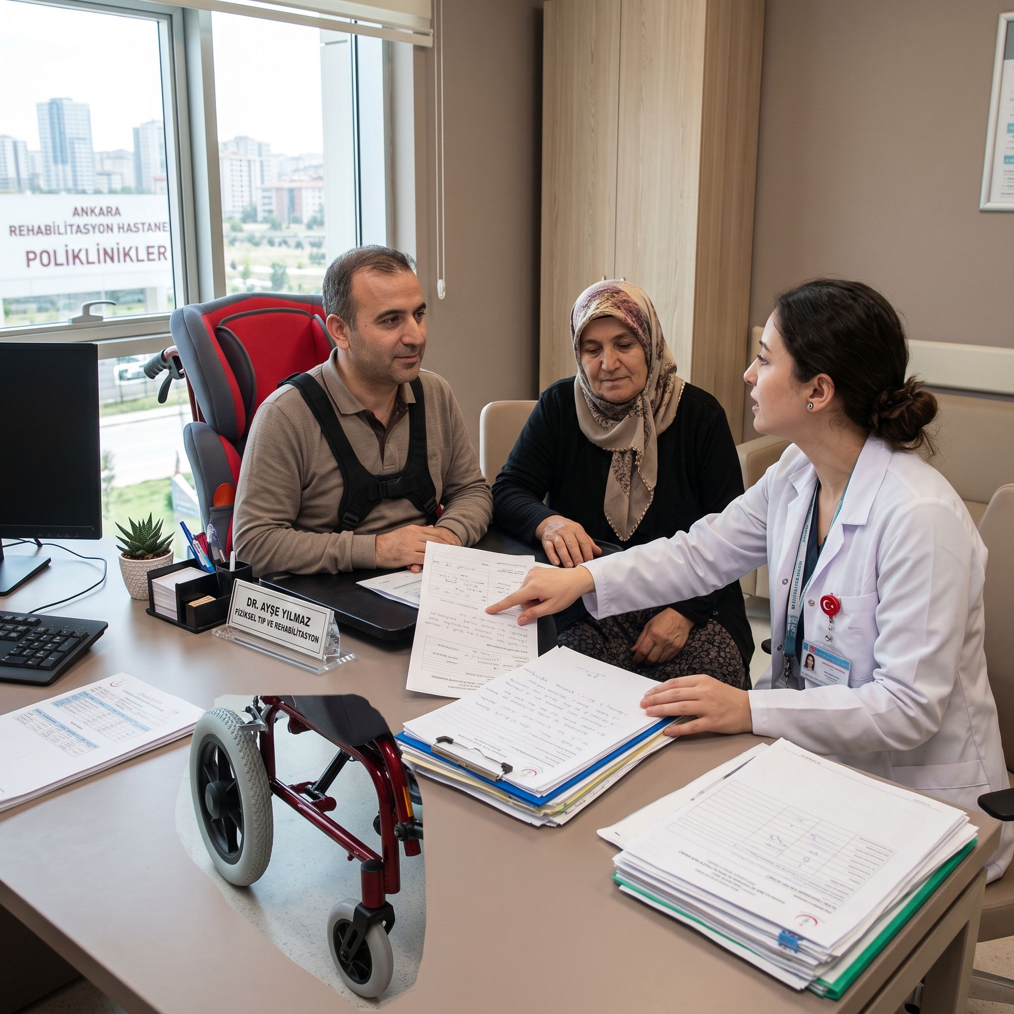 Tekerlekli sandalye raporuna itiraz için doktorla rapor inceleyen kullanıcı