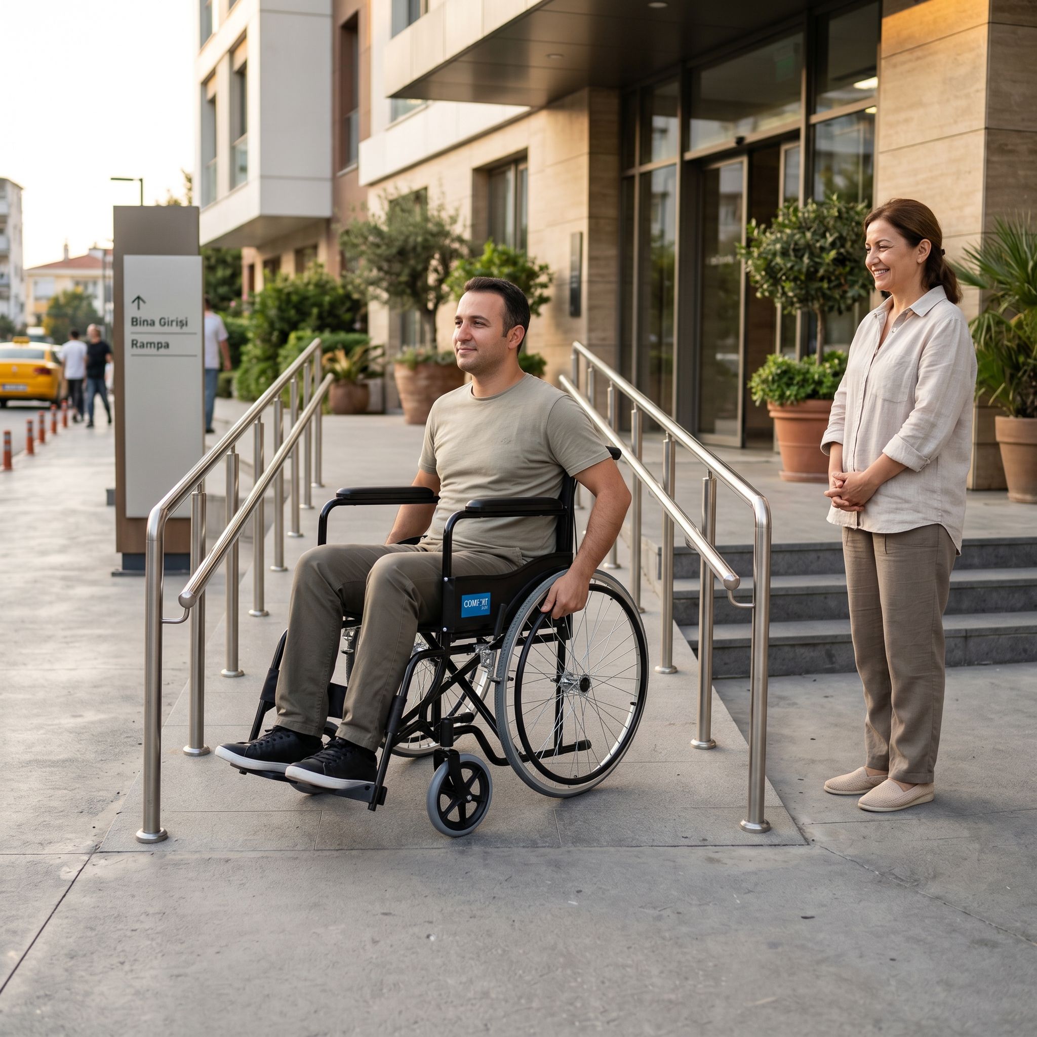 Akülü tekerlekli sandalye ile apartman rampasında eğim kontrolü yapan kullanıcı