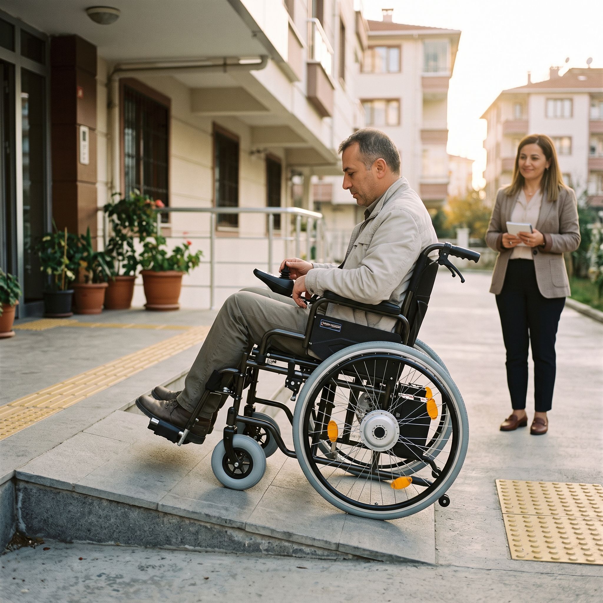 Yokuşlu apartman rampasında akülü tekerlekli sandalye deneyen kullanıcı