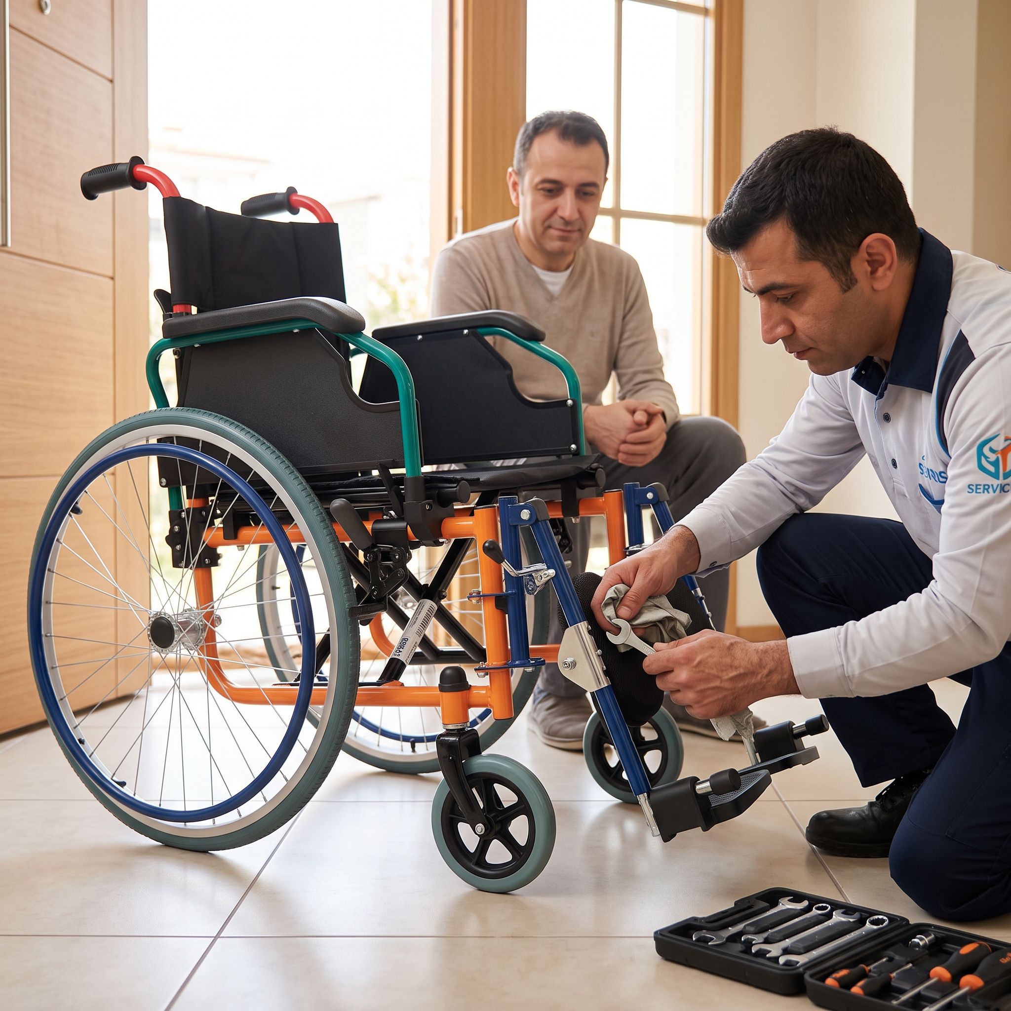 Tekerlekli sandalyede teker, rulman ve bağlantı kontrolü yapan kullanıcı ve teknisyen