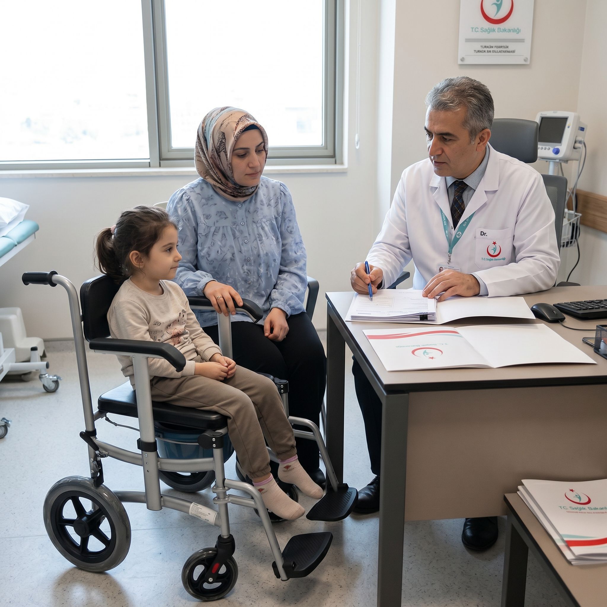 Çocuk tekerlekli sandalye raporu için hastanede doktorla görüşen aile