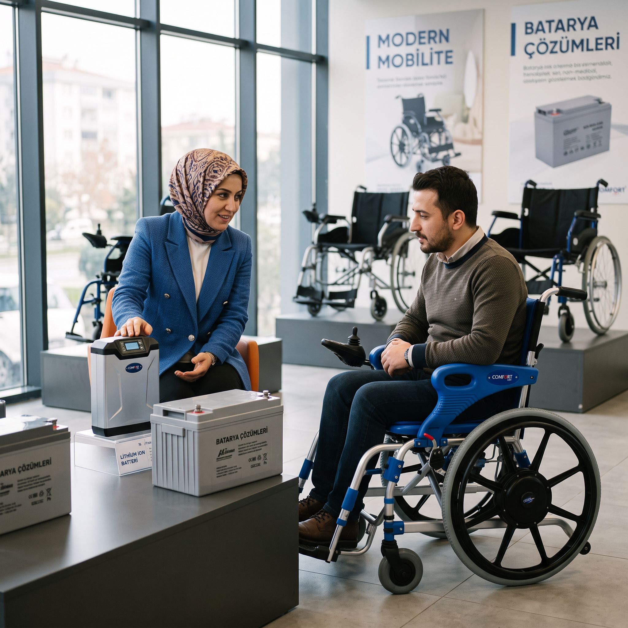 Akülü sandalye için jel akü ve lityum akü seçeneklerini inceleyen kullanıcı ve danışman