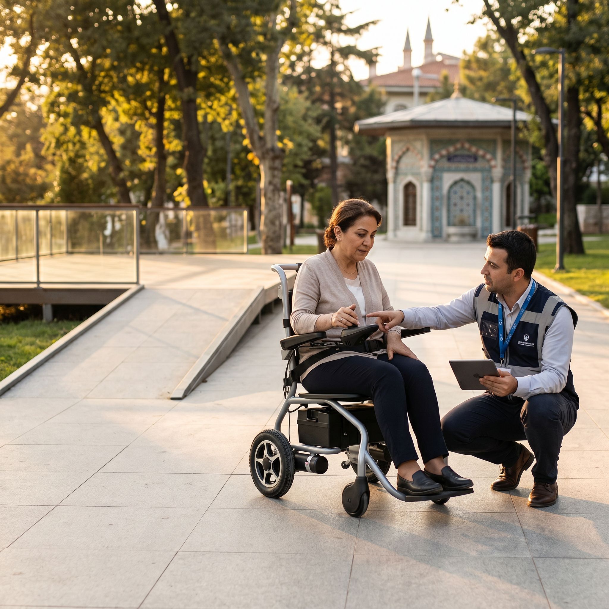 Park yolunda akülü tekerlekli sandalye deneyen kullanıcı ve seçim konusunda destek veren uzman