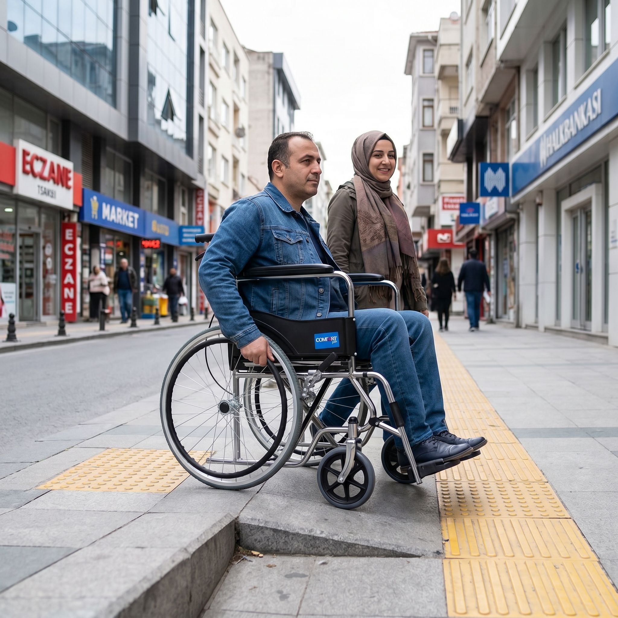 Kaldırım rampasında güvenli geçiş yapan tekerlekli sandalye kullanıcısı