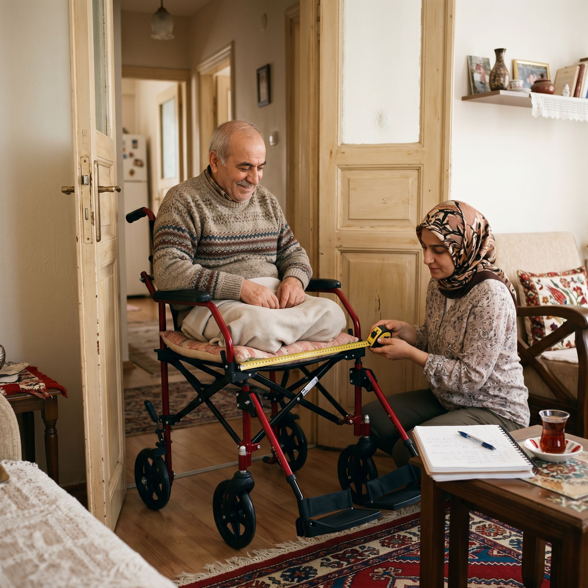 Evde tekerlekli sandalye oturma genişliği ve toplam genişliği mezura ile ölçülürken