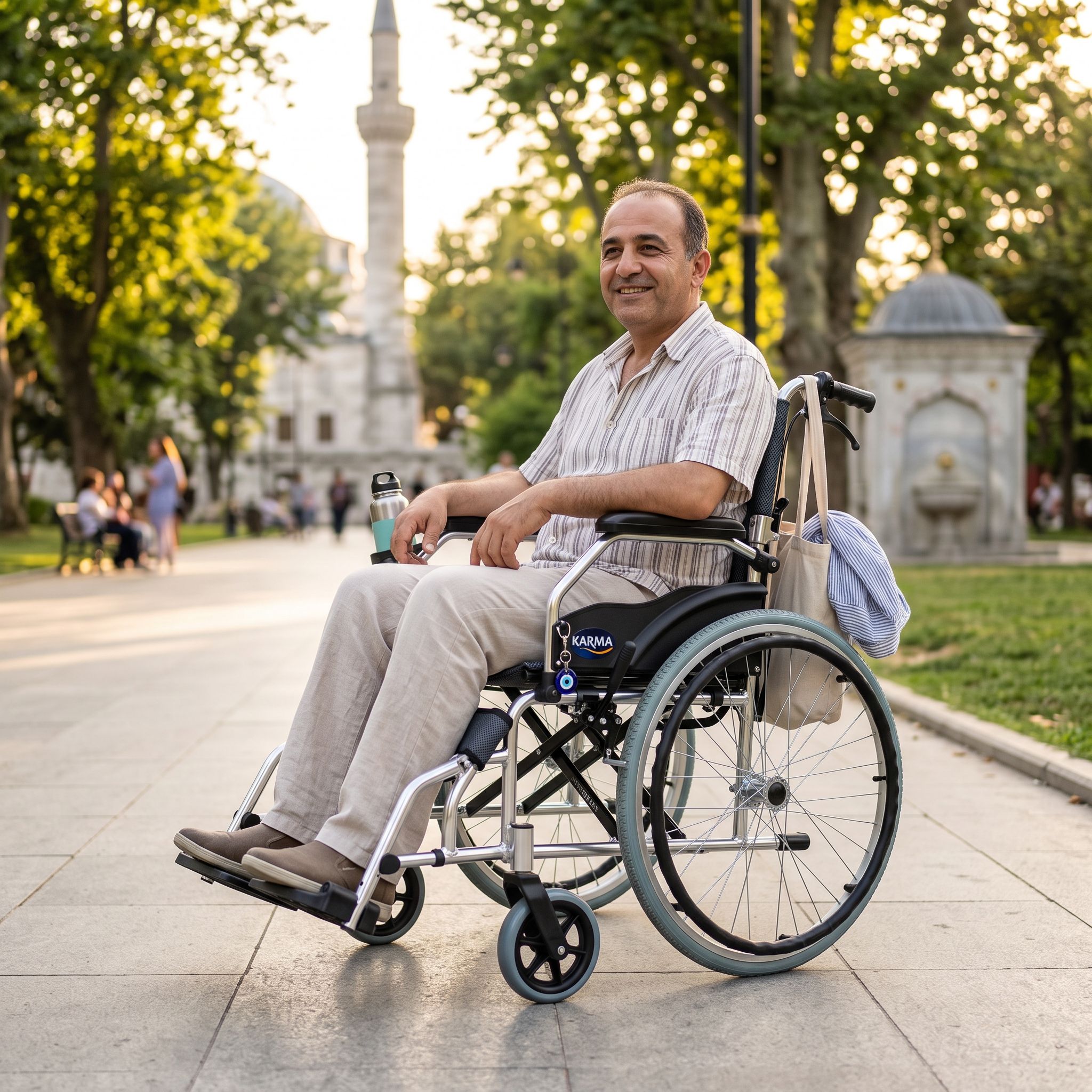 Yazın parkta tekerlekli sandalye kullanan kişinin konforlu ve gölgeli alanda dinlenmesi