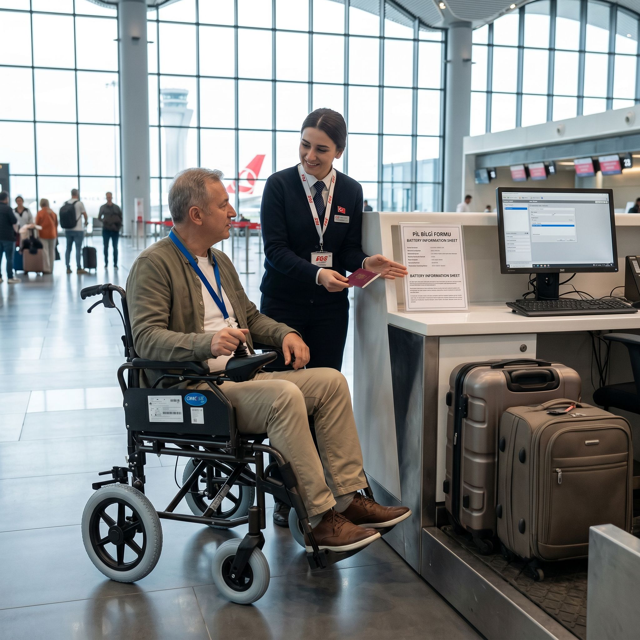 Havalimanı check-in kontuarında akülü tekerlekli sandalye ile uçuş hazırlığı yapan yolcu