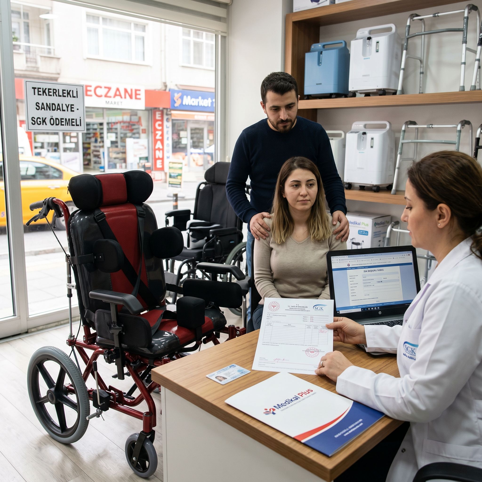 Medikal mağazada akülü tekerlekli sandalye SGK başvurusu için evrak inceleyen kullanıcı ve danışman