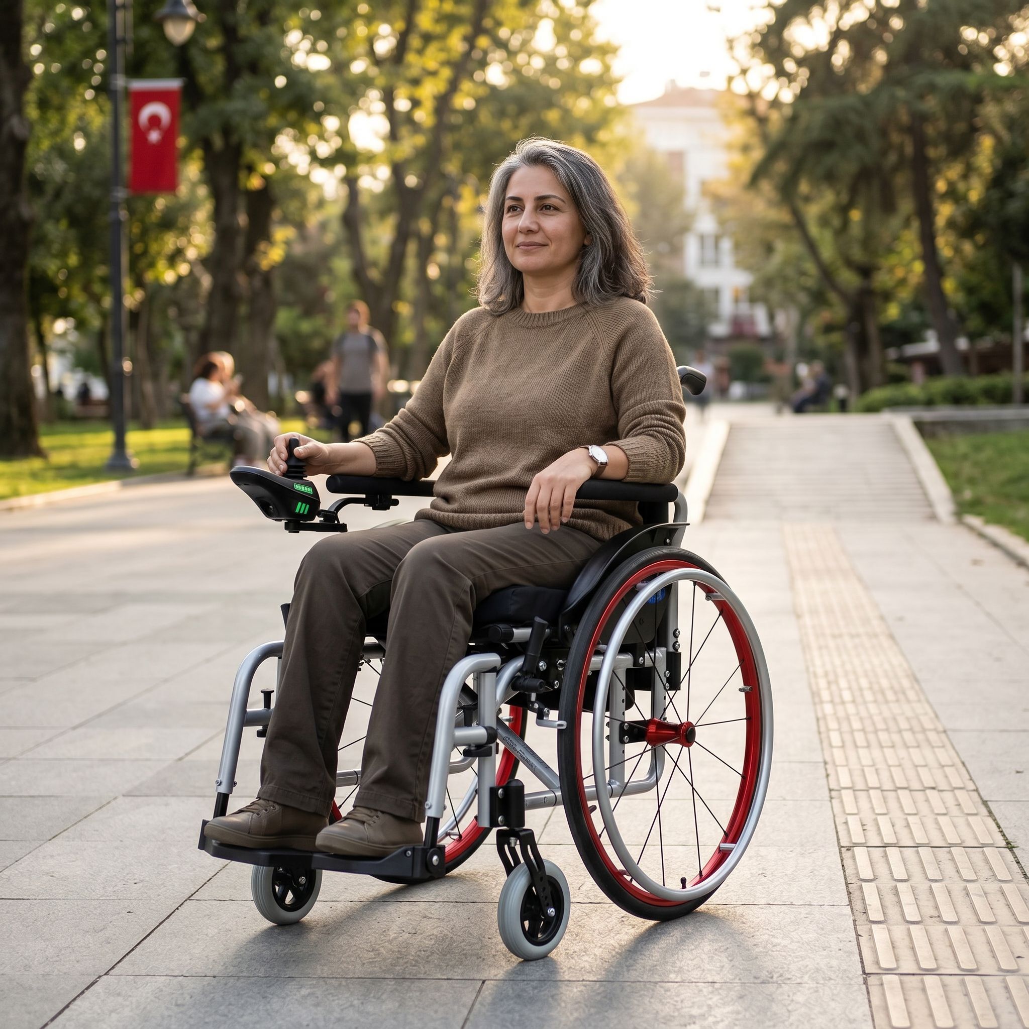 Şehir parkında akülü tekerlekli sandalye kullanan bir kişinin menzil ve rota planlamasını anlatan görsel