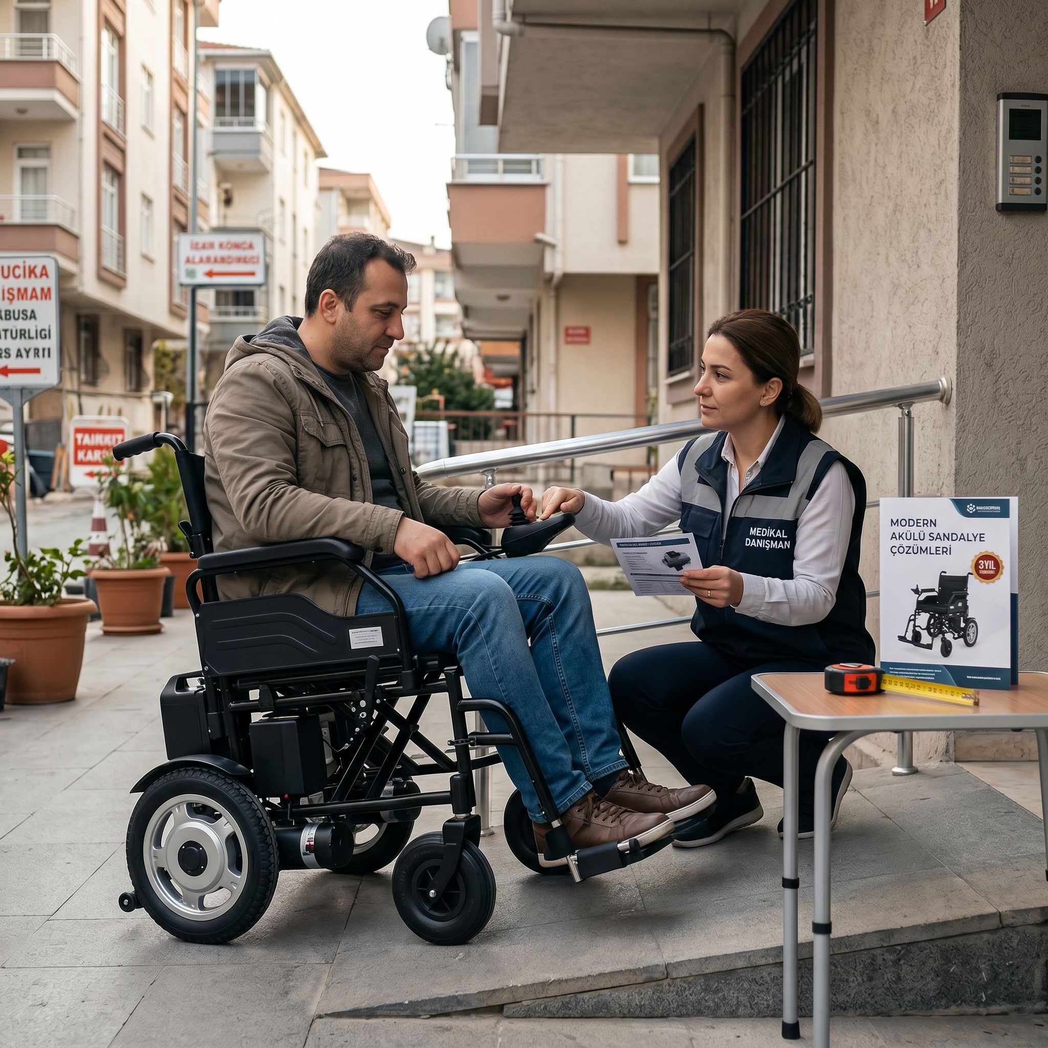 Akülü sandalyede motor gücü ve watt değeri seçimini anlatan gerçekçi danışmanlık sahnesi
