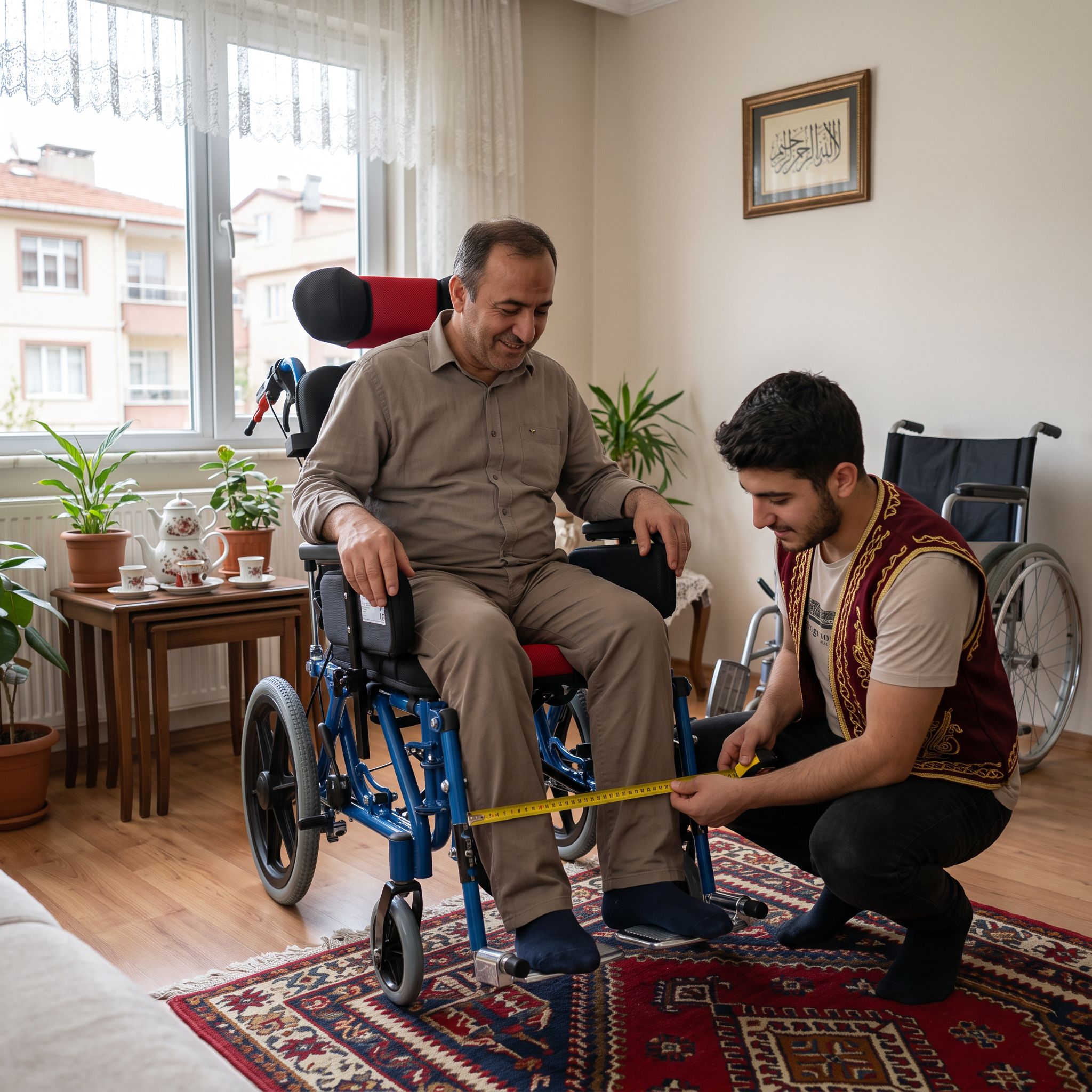 Tekerlekli sandalye oturma genişliği mezura ile ölçülürken