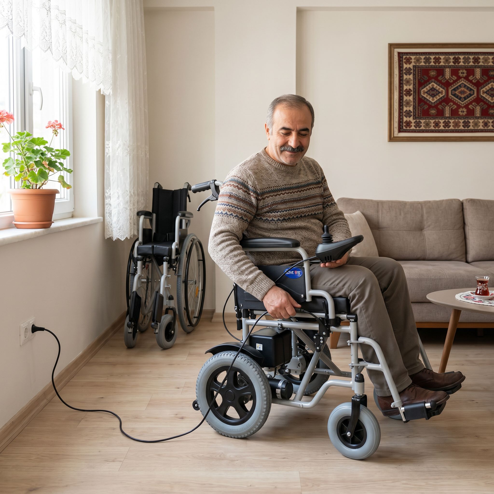 Evde akülü sandalyesini doğru şekilde şarj eden tekerlekli sandalye kullanıcısı