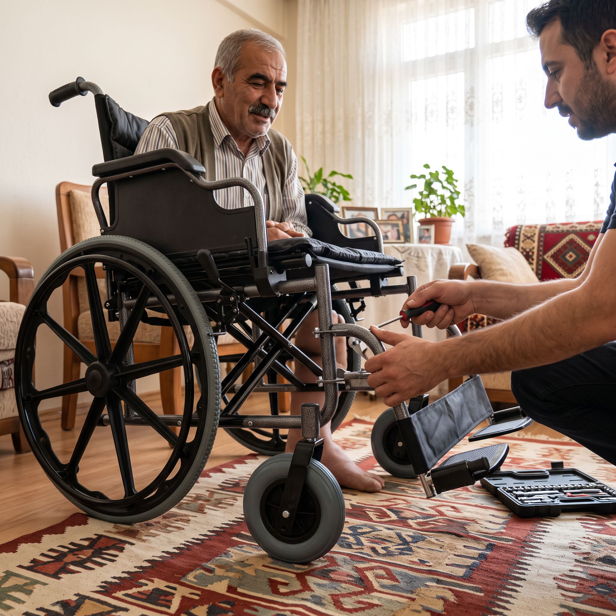 Ev ortamında manuel tekerlekli sandalyenin fren ve teker kontrolünü yapan teknik servis uzmanı