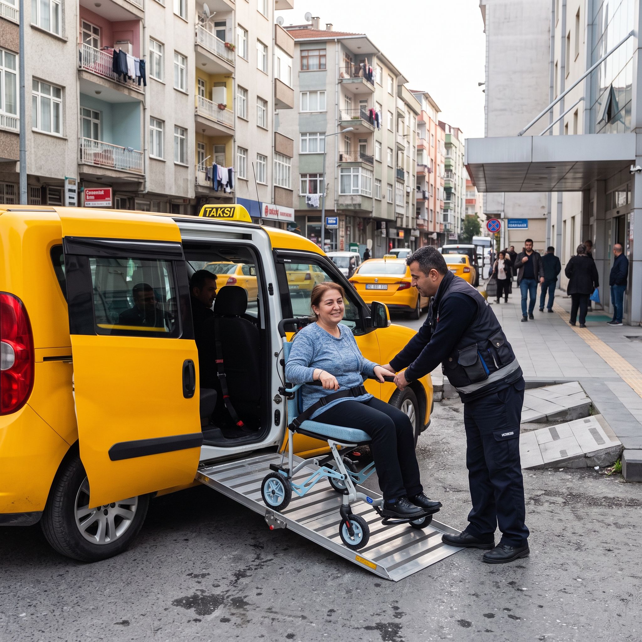 Büyük şehirde rampalı engelli taksiye binen tekerlekli sandalye kullanıcısı