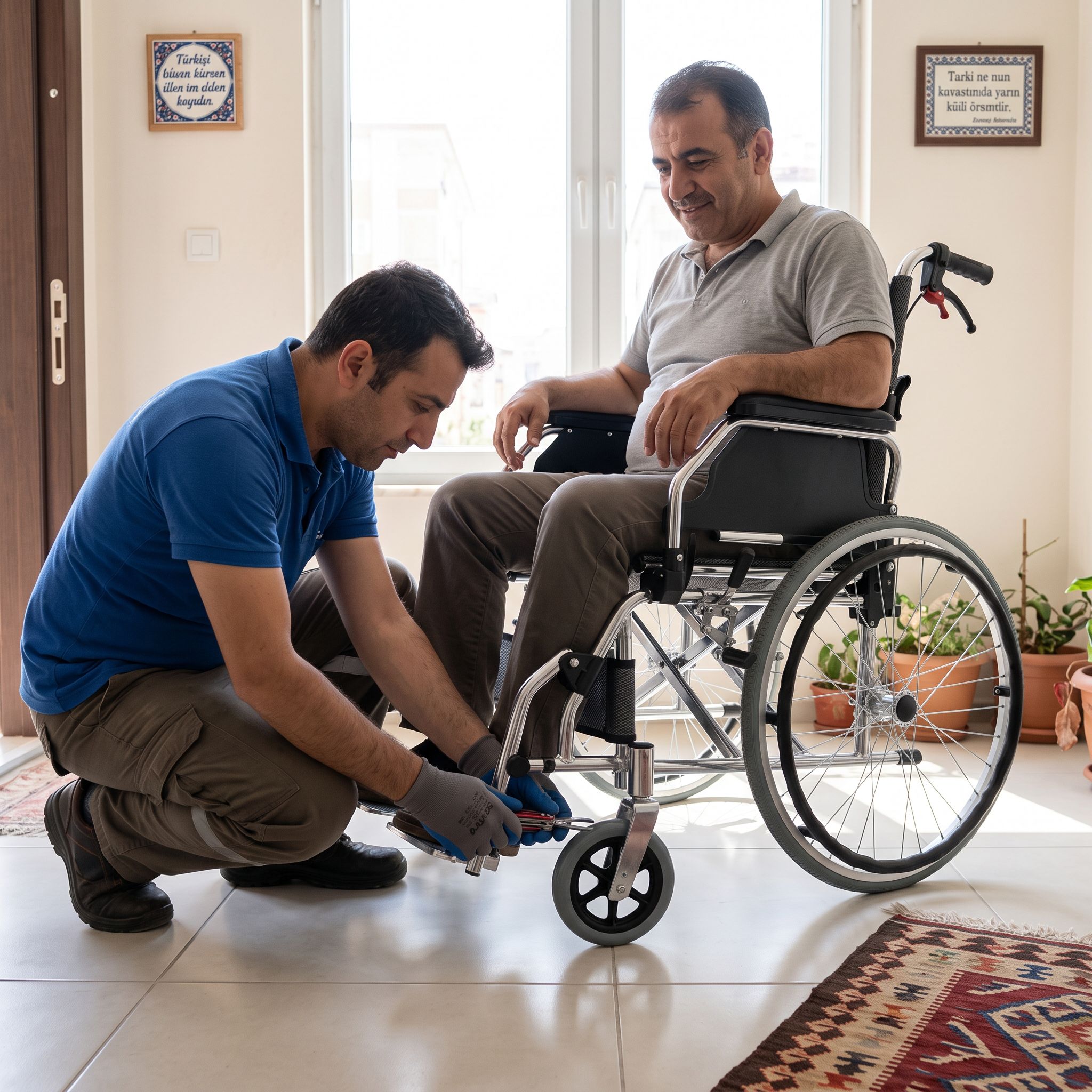 Tekerlekli sandalyenin ön tekeri ve çatal bağlantısı kontrol ediliyor