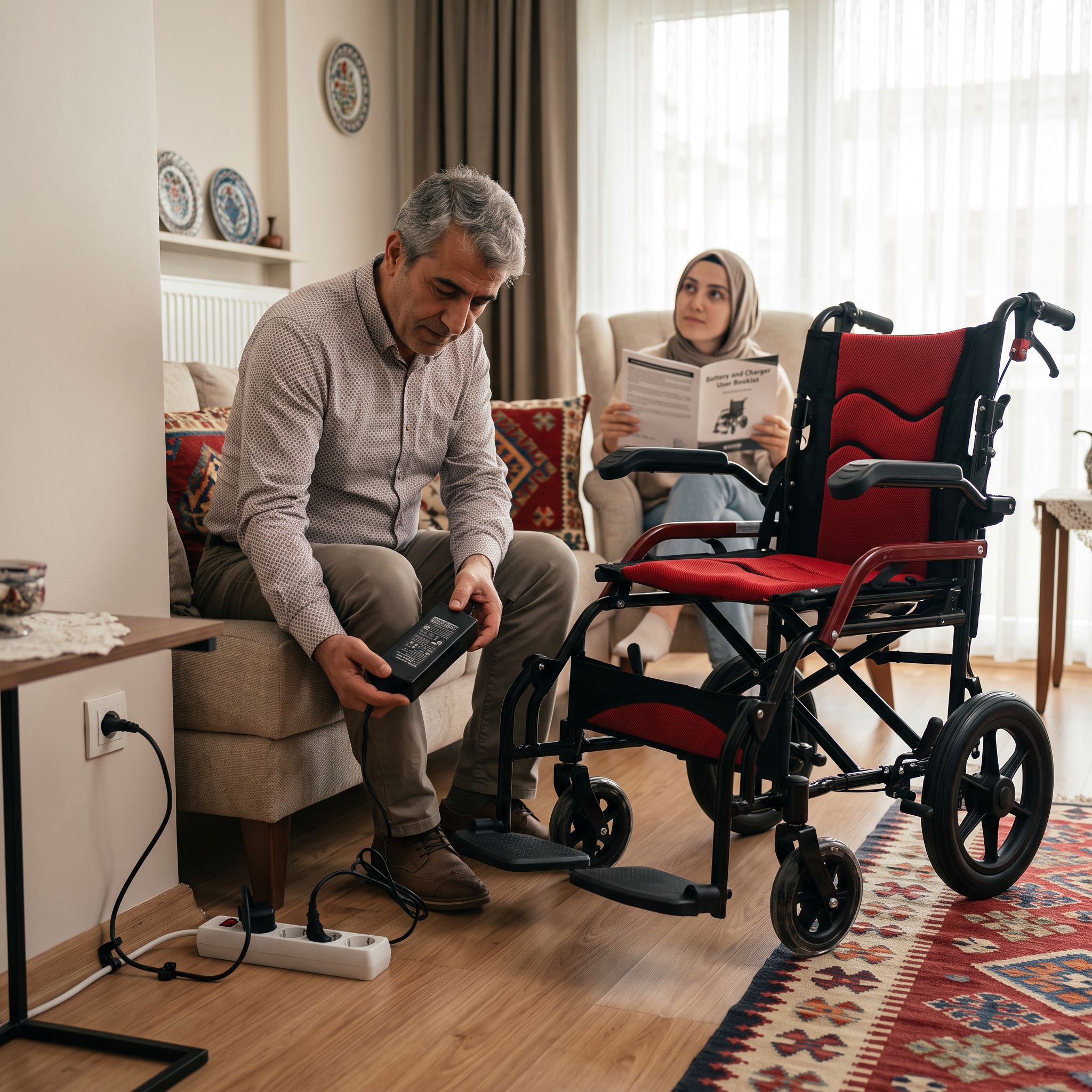 Akülü sandalye şarj cihazı etiketini kontrol eden kullanıcı ve güvenli şarj alanı