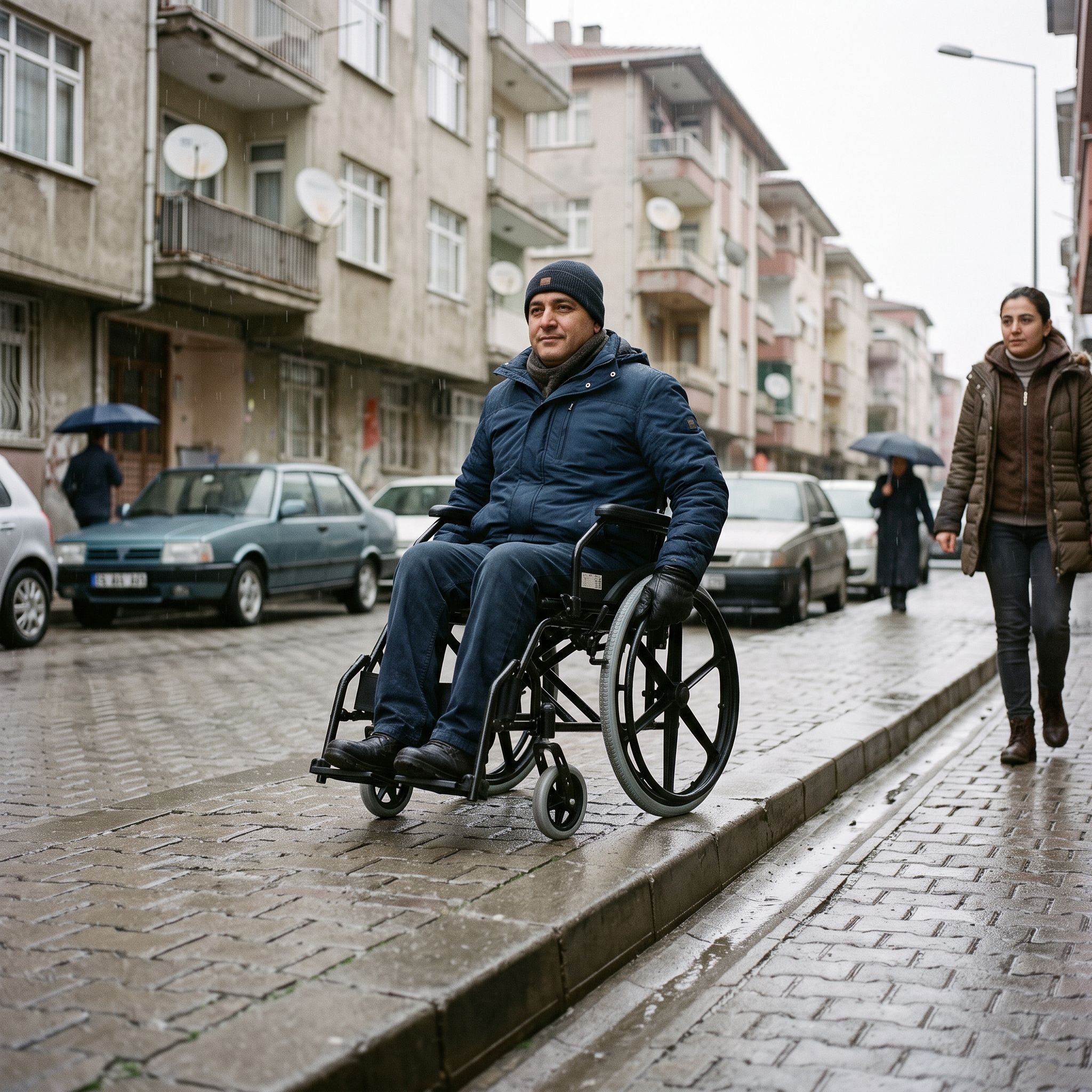 Kışın yağmurlu havada kaldırım rampasında tekerlekli sandalye kullanan kişi