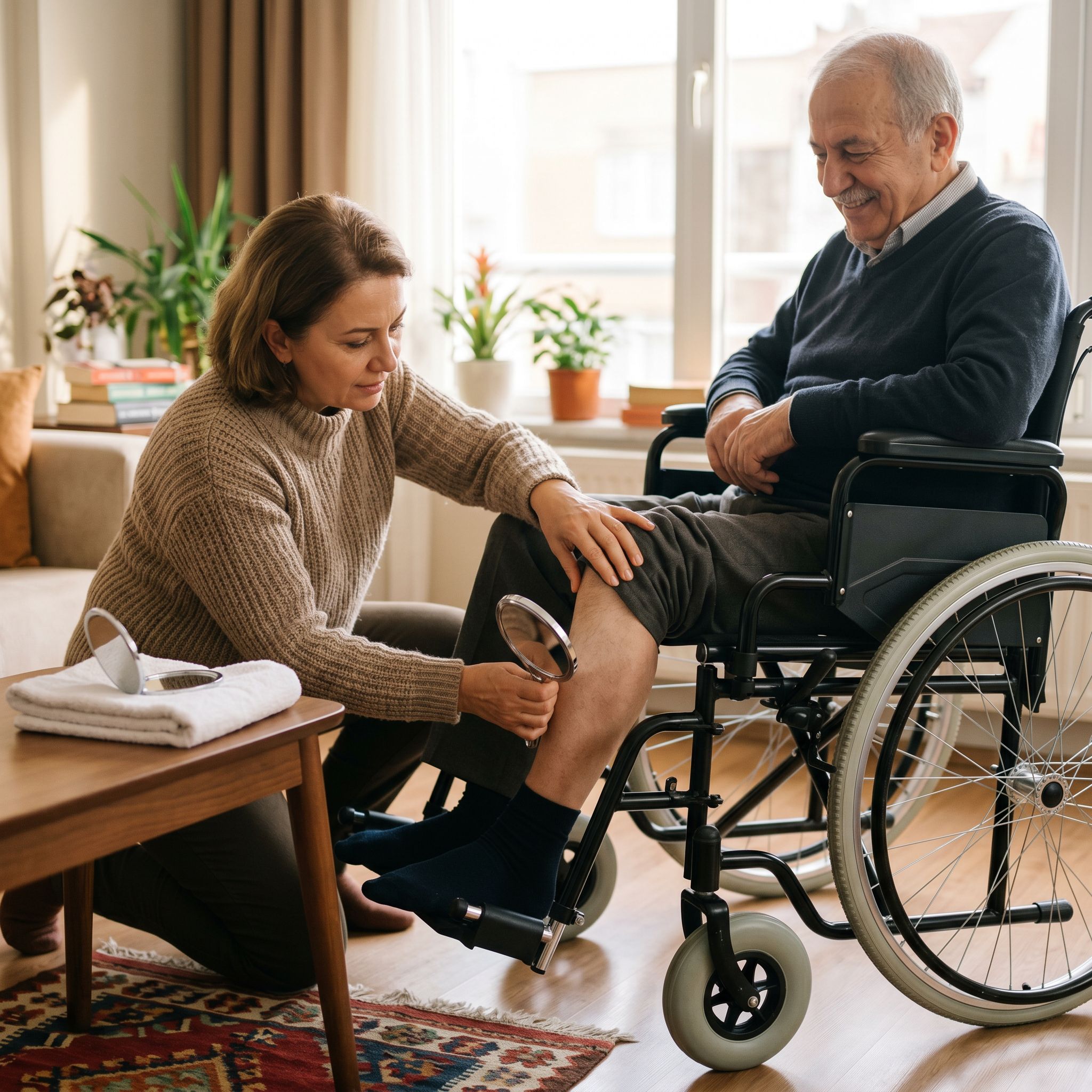 Tekerlekli sandalye kullanıcısının evde günlük cilt ve oturma kontrolü yapması