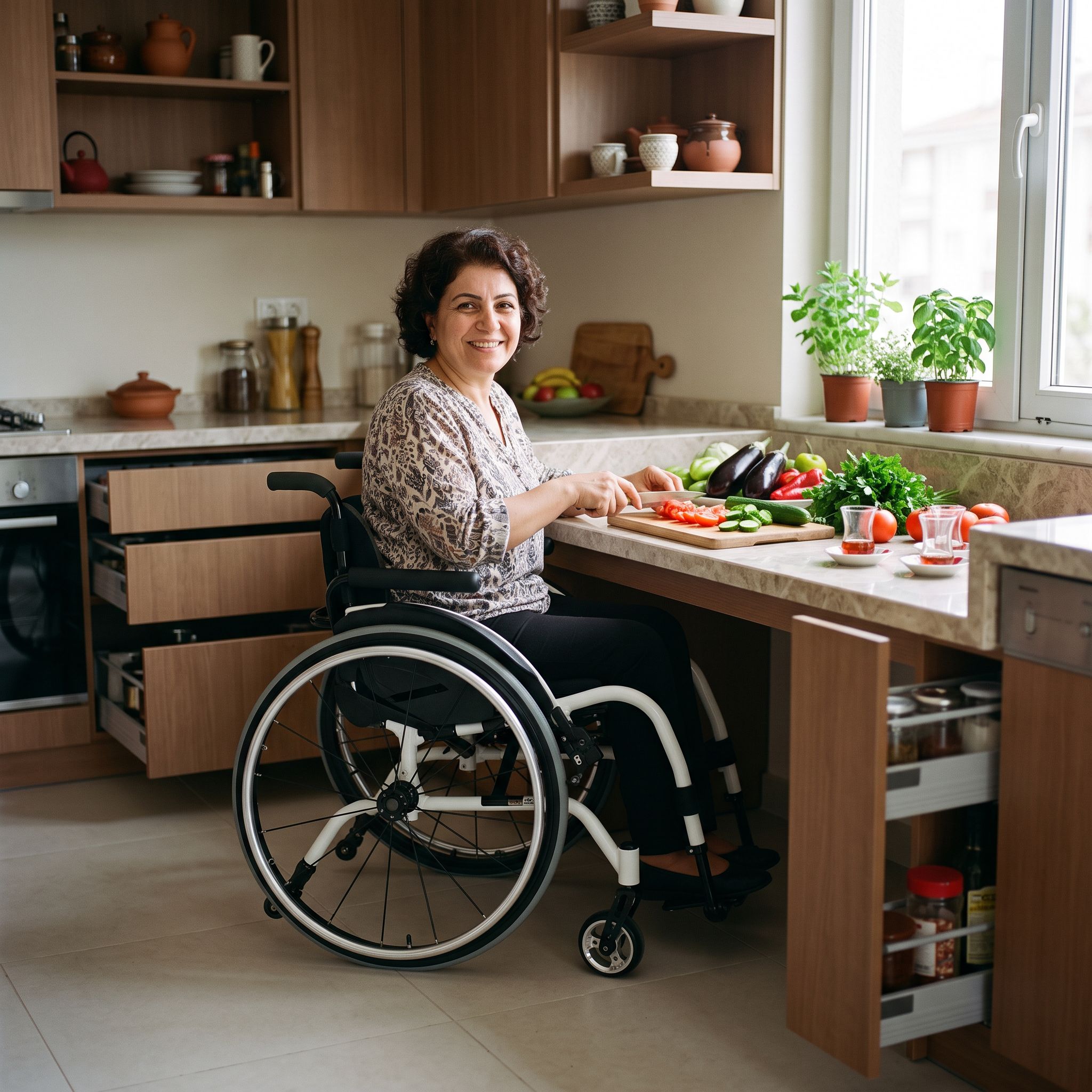 Tekerlekli sandalye kullanıcısı için erişilebilir tezgâh ve çekmecelerle düzenlenmiş modern mutfak