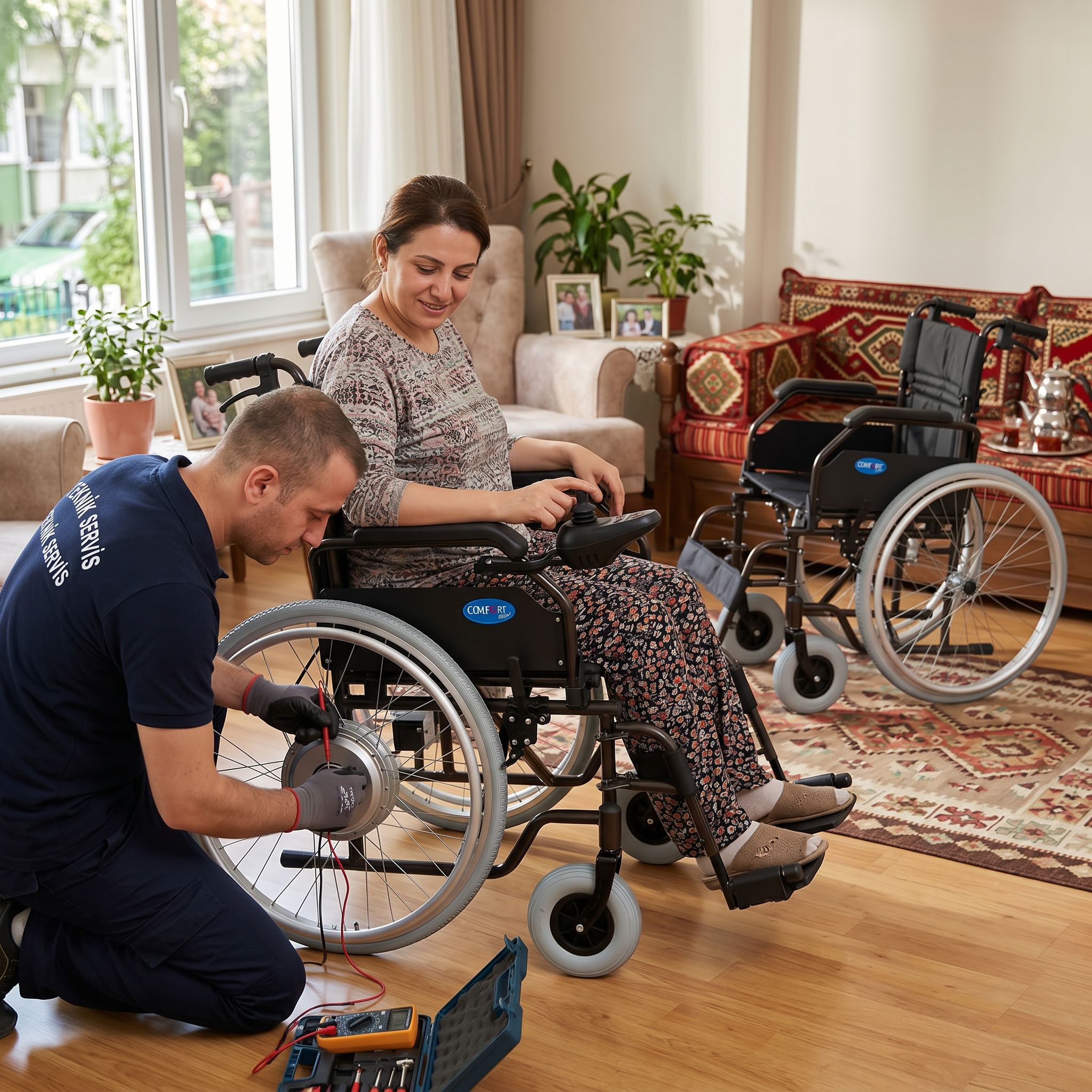 Akülü tekerlekli sandalye motor arızası için teker ve kablo kontrolü yapan teknisyen