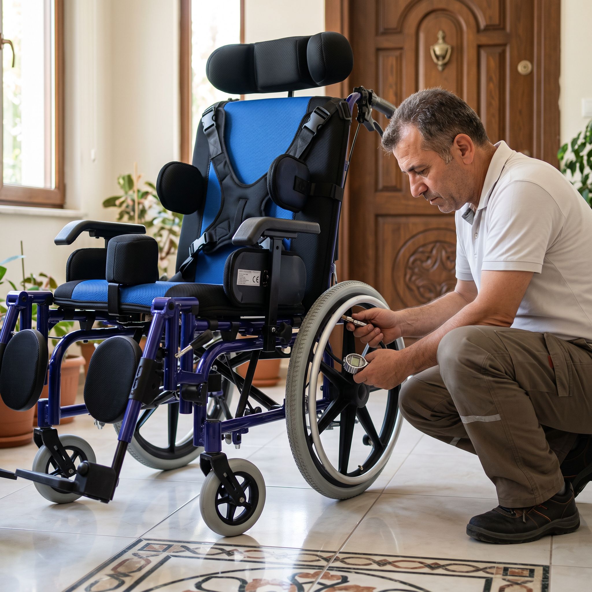 Tekerlekli sandalye arka lastiğini kontrol eden teknisyen