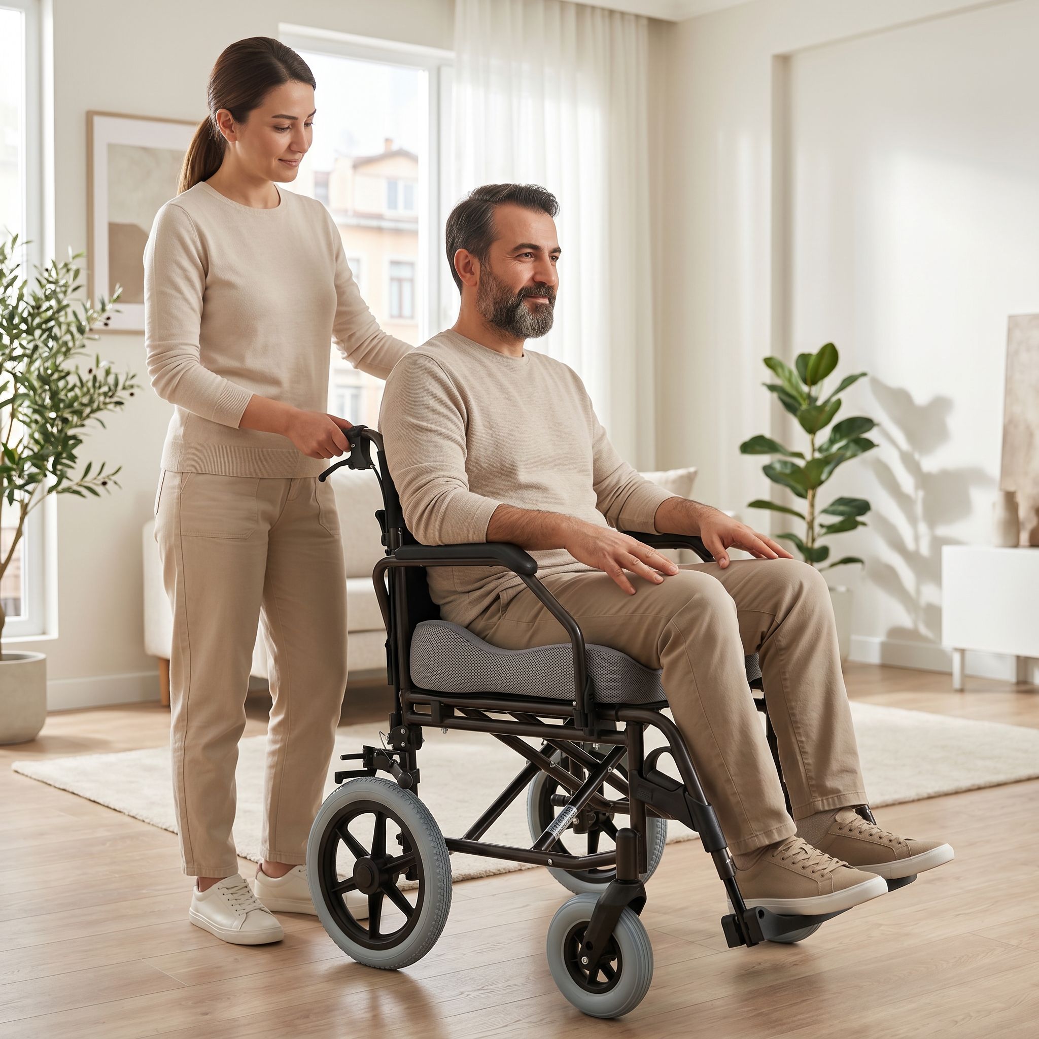 Tekerlekli sandalye minderi üzerinde doğru oturma pozisyonu kontrol edilen kullanıcı