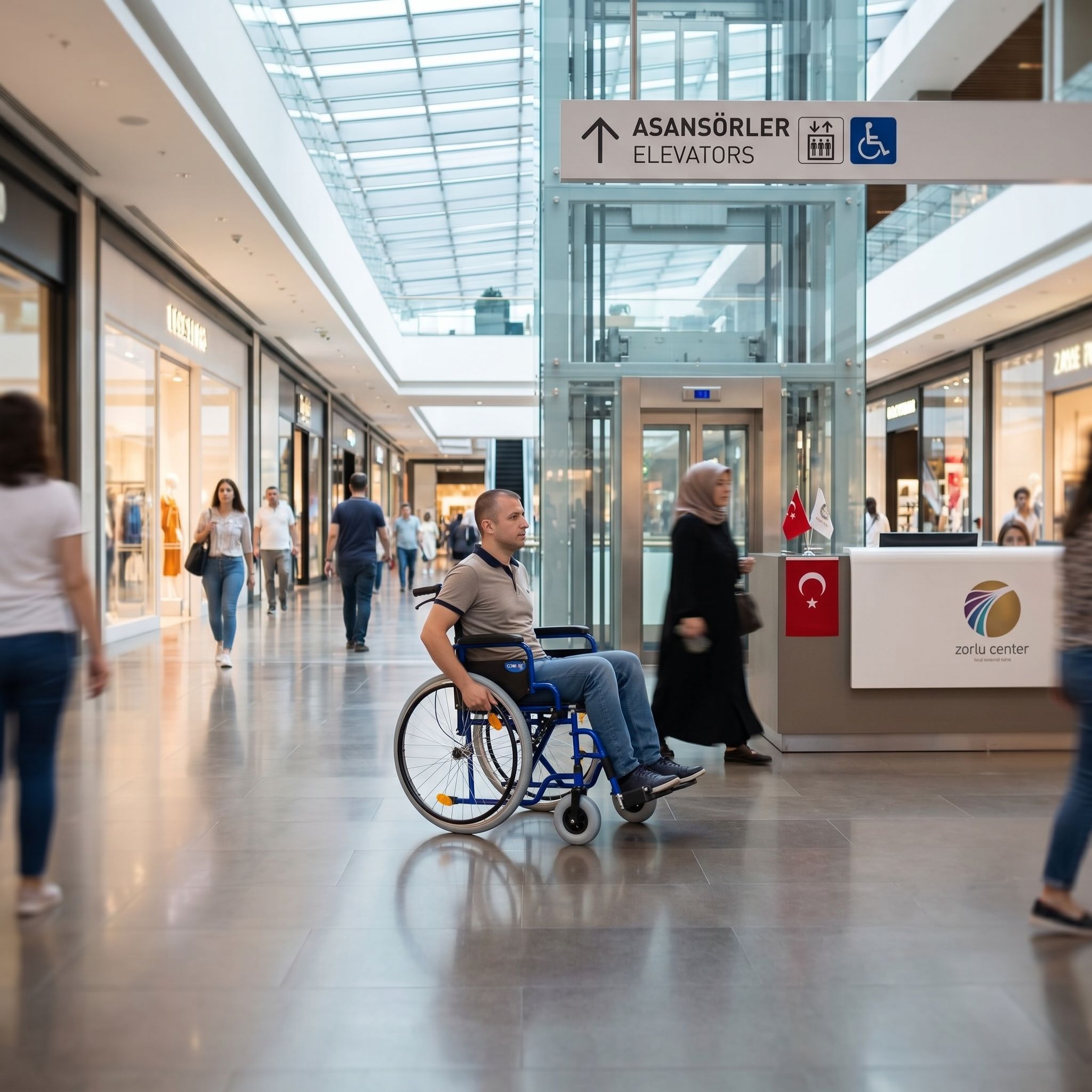 AVM içinde erişilebilir asansöre yönelen tekerlekli sandalye kullanıcısı