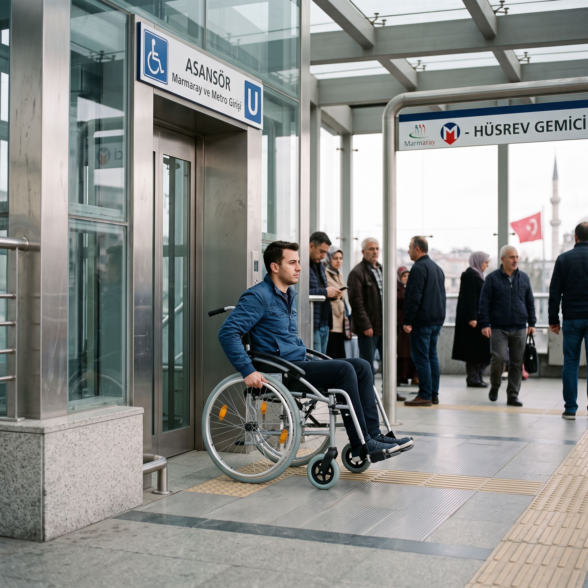 İstanbul’da tekerlekli sandalye kullanan bir kişinin erişilebilir metro istasyonuna girişi